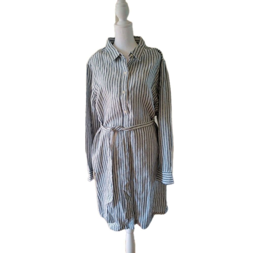 Lands' End Linen Shirt Dress XL Blue White Stripe Long Sleeve Belted Above Knee